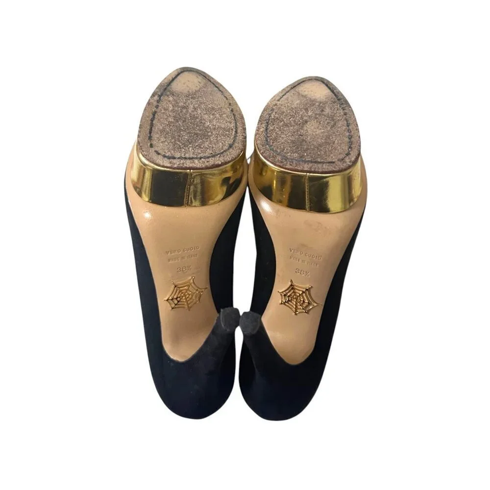 Charlotte Olympia Dolly Platform Pumps, Black Suede-Gold Leather, 38.5 EU